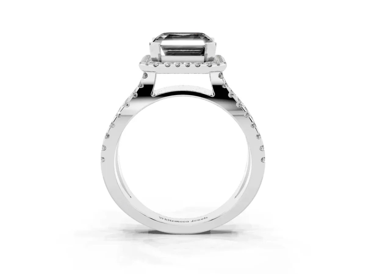 Fancy Black Asscher Cut Diamond Halo Ring with Split Shank Pavé Band and Prong Setting Silver