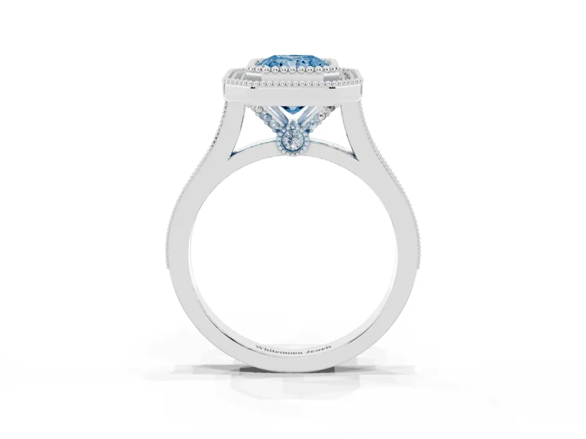 Fancy Blue Radiant Cut Diamond Halo Ring with Milgrain Frame and Pavé Band White gold