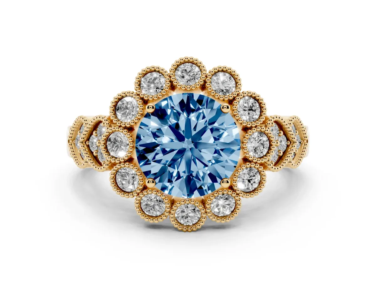 Fancy Blue Round Cut Brilliant Milgrain Pave Heart Band Solitaire Ring Yellow gold