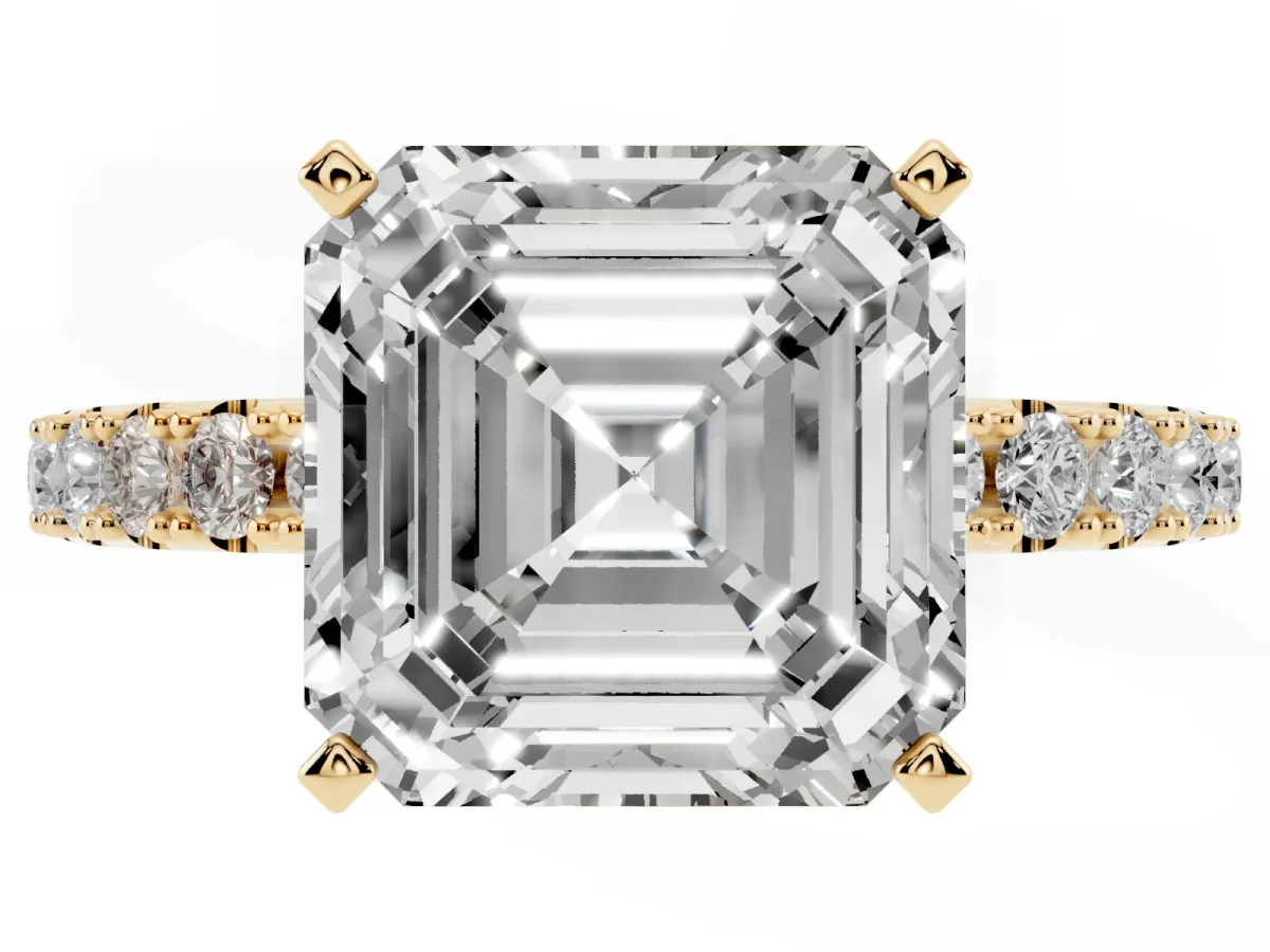 Asscher Cut Diamond Solitaire Pavé Band with Four-Prong Setting Yellow gold