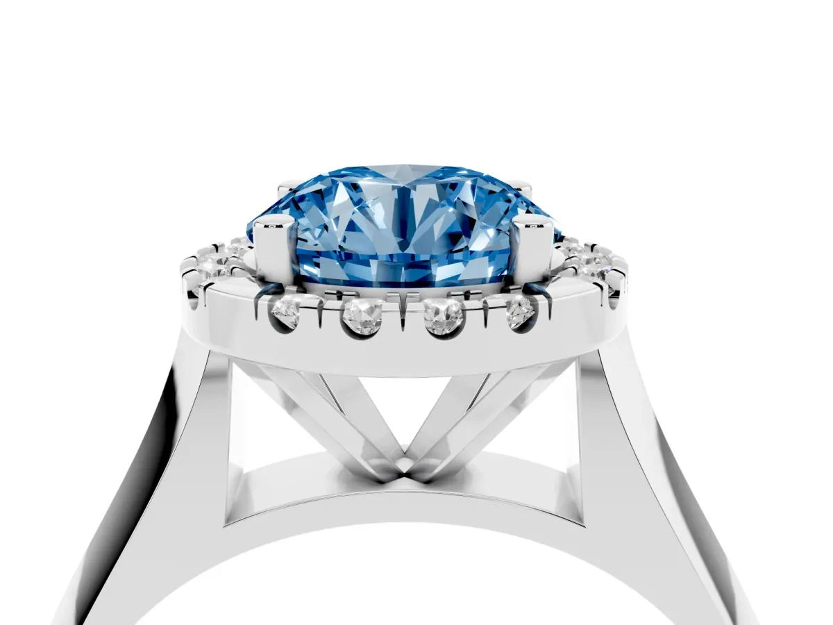 Fancy Blue Round Cut Cut Halo Solitaire Engagement Ring with Square Band and Four-Prong Setting Silver