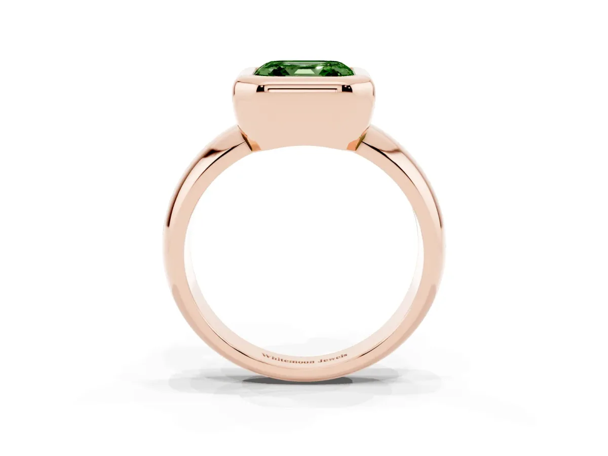 Fancy Green Bezel Set Asscher Cut Solitaire Ring with Wide Band Rose gold