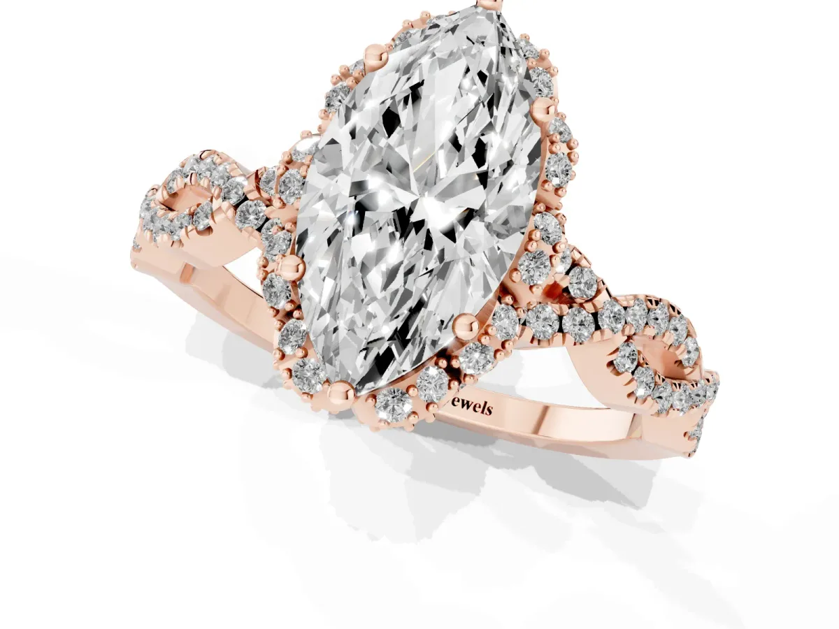 Marquise Cut Halo Twist Band Solitaire Ring with Six-Prong Setting Rose gold
