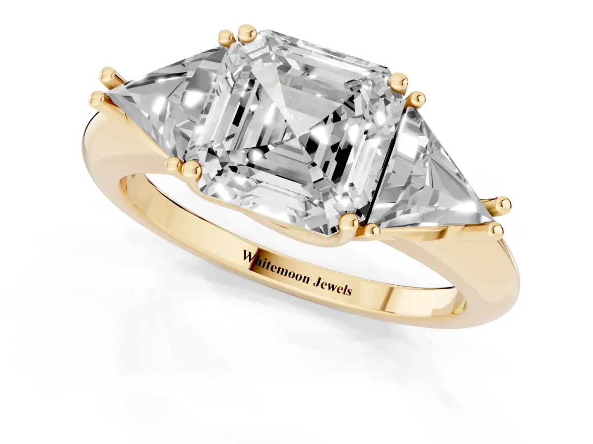 Three-Stone Asscher Cut Diamond Engagement Ring with Trillion Side Stones and Prong Setting Yellow gold
