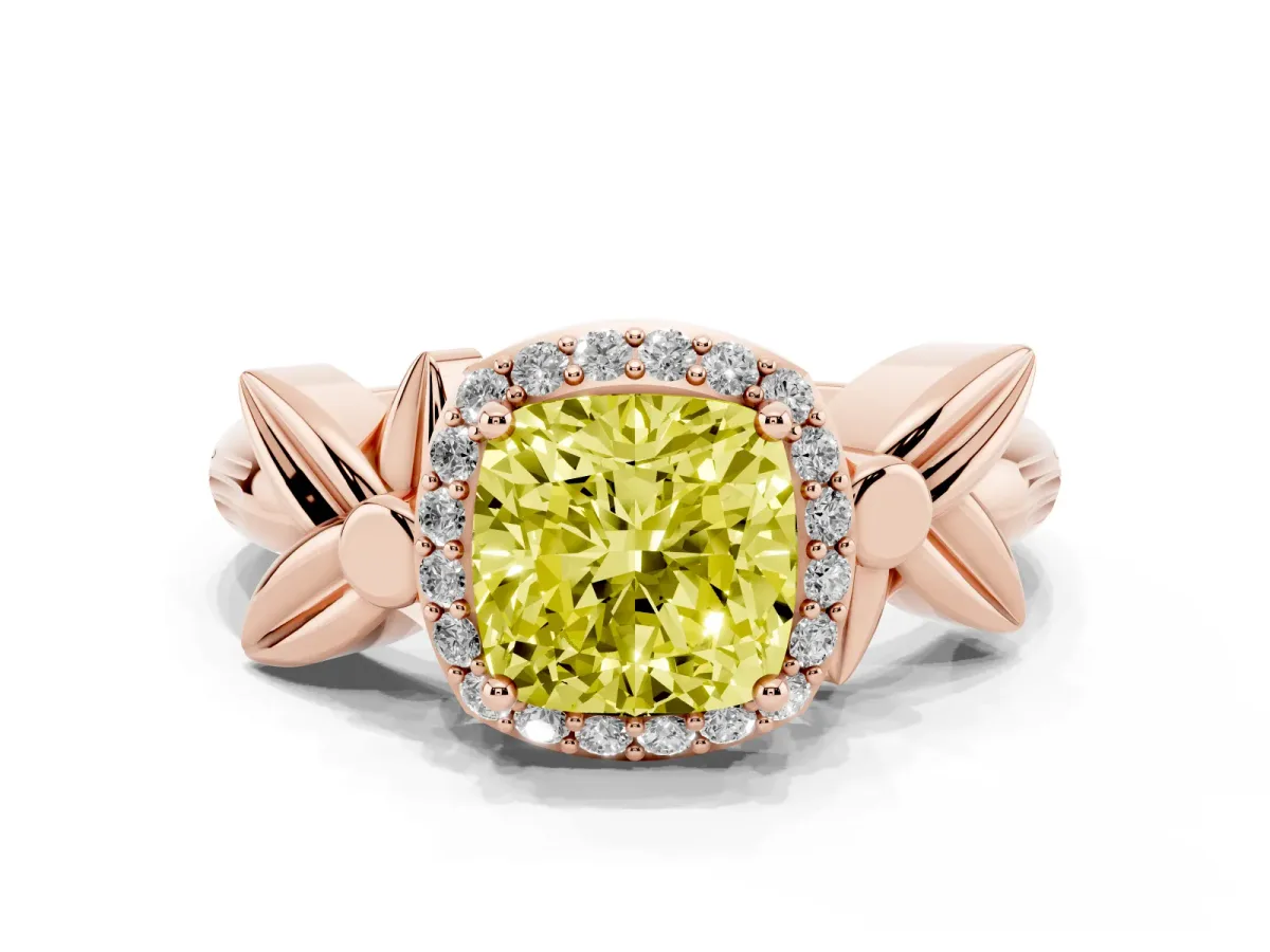 Fancy Yellow Cushion Cut Halo Diamond Floral Band with Four-Prong Setting Rose gold
