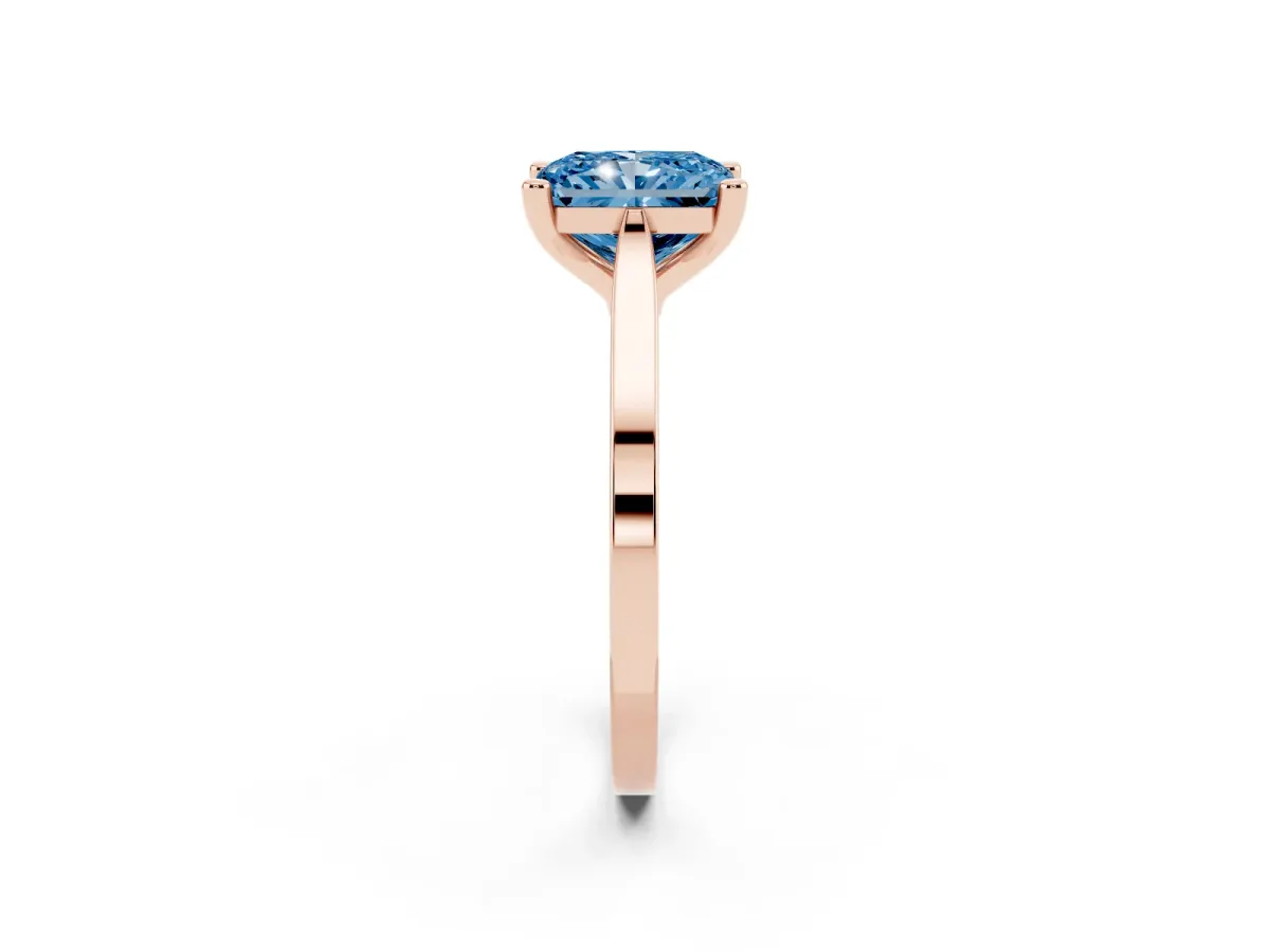 Fancy Blue Radiant Cut Solitaire Diamond Ring with Four-Prong Setting and Tapered Band Rose gold