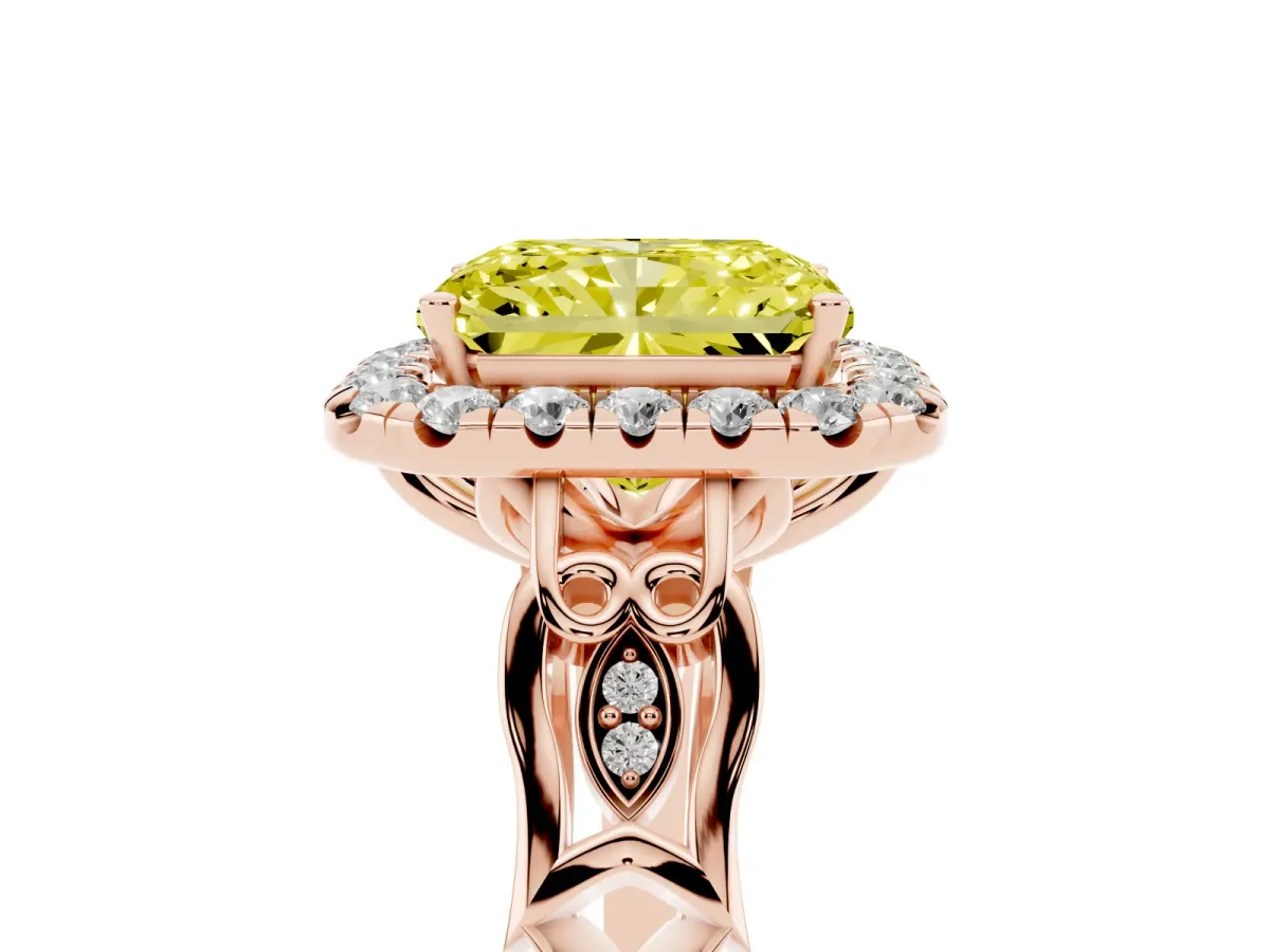 Fancy Yellow Radiant Cut Halo Diamond Engagement Ring with Filigree Band and Four-Prong Setting Rose gold
