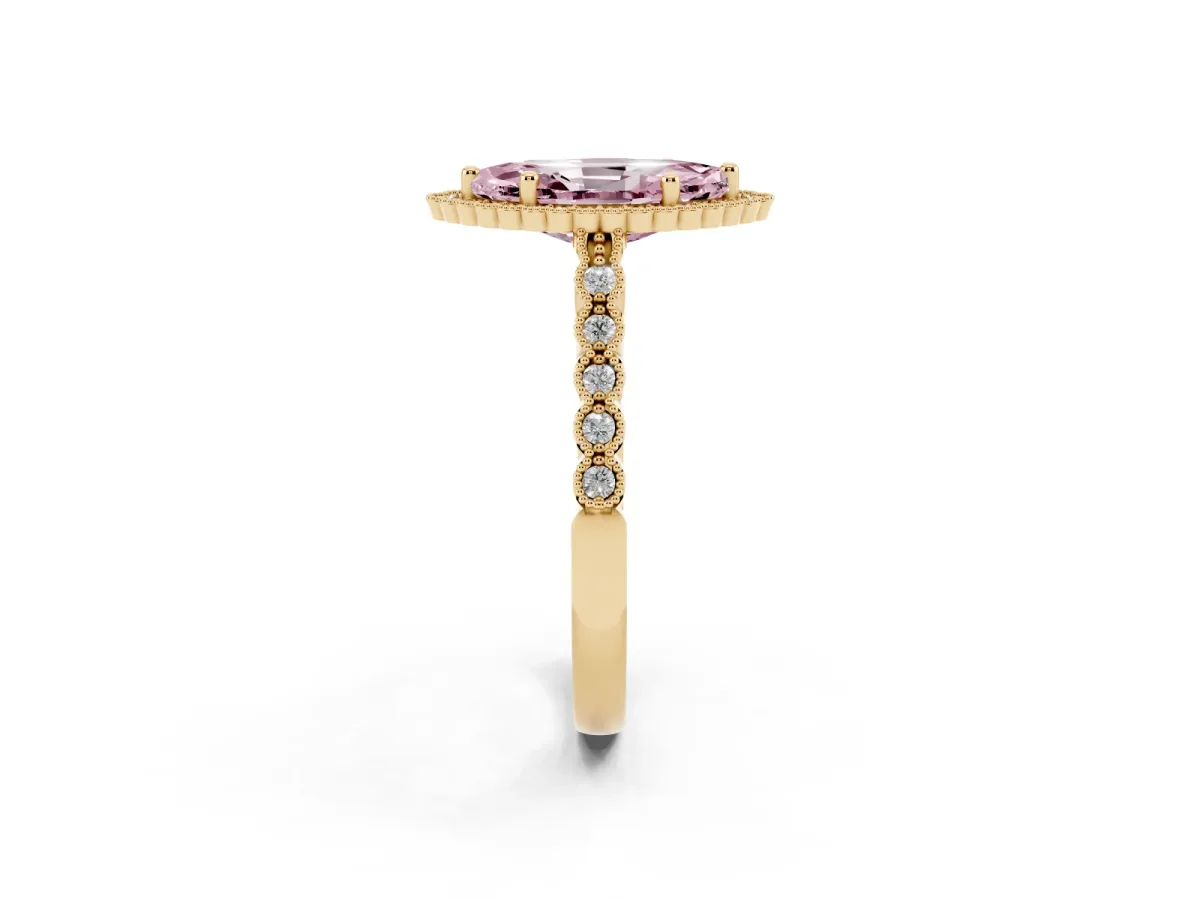 Fancy Pink Marquise Cut Cut Halo Pavé Solitaire Ring with Milgrain Band Yellow gold