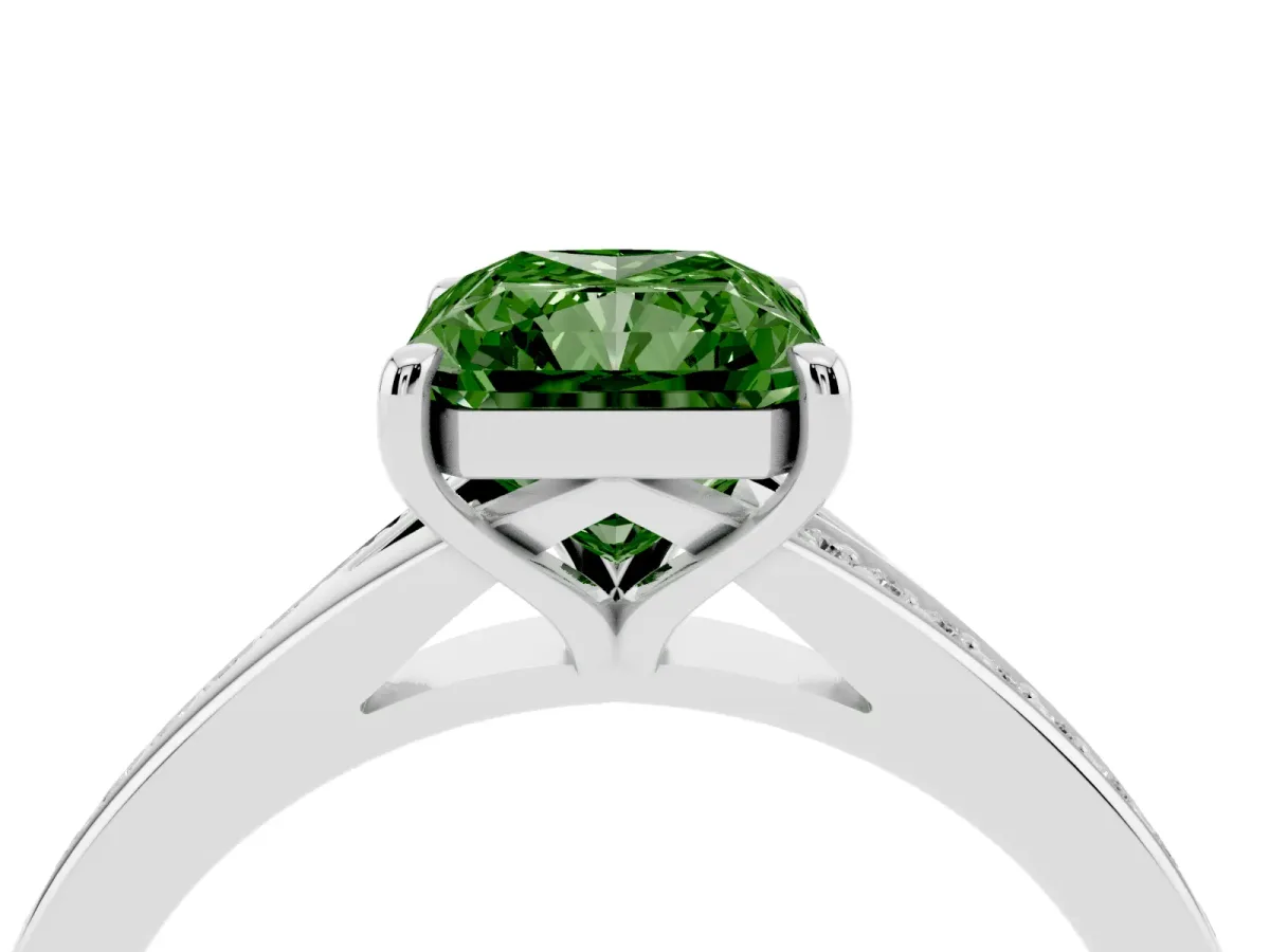Fancy Green Radiant Cut Diamond Solitaire Ring with Pavé Band and Prong Setting Silver
