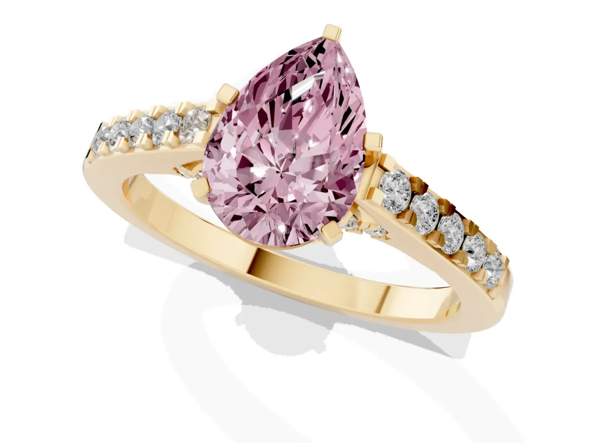Fancy Pink Pear Cut Diamond Solitaire Ring with Crossover Gallery and Round Pavé Band Yellow gold