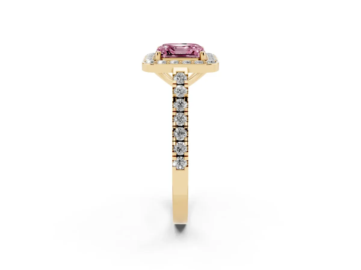 Fancy Pink Asscher Cut Diamond Halo Ring with Round Pavé Split Shank and Prong Setting Yellow gold