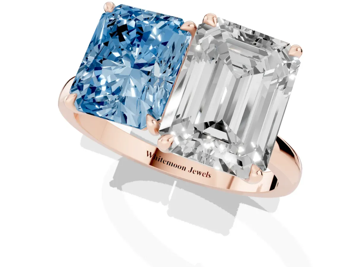 Fancy Blue Radiant Cut and Emerald Cut Toi Moi Ring with Prong Setting Rose gold