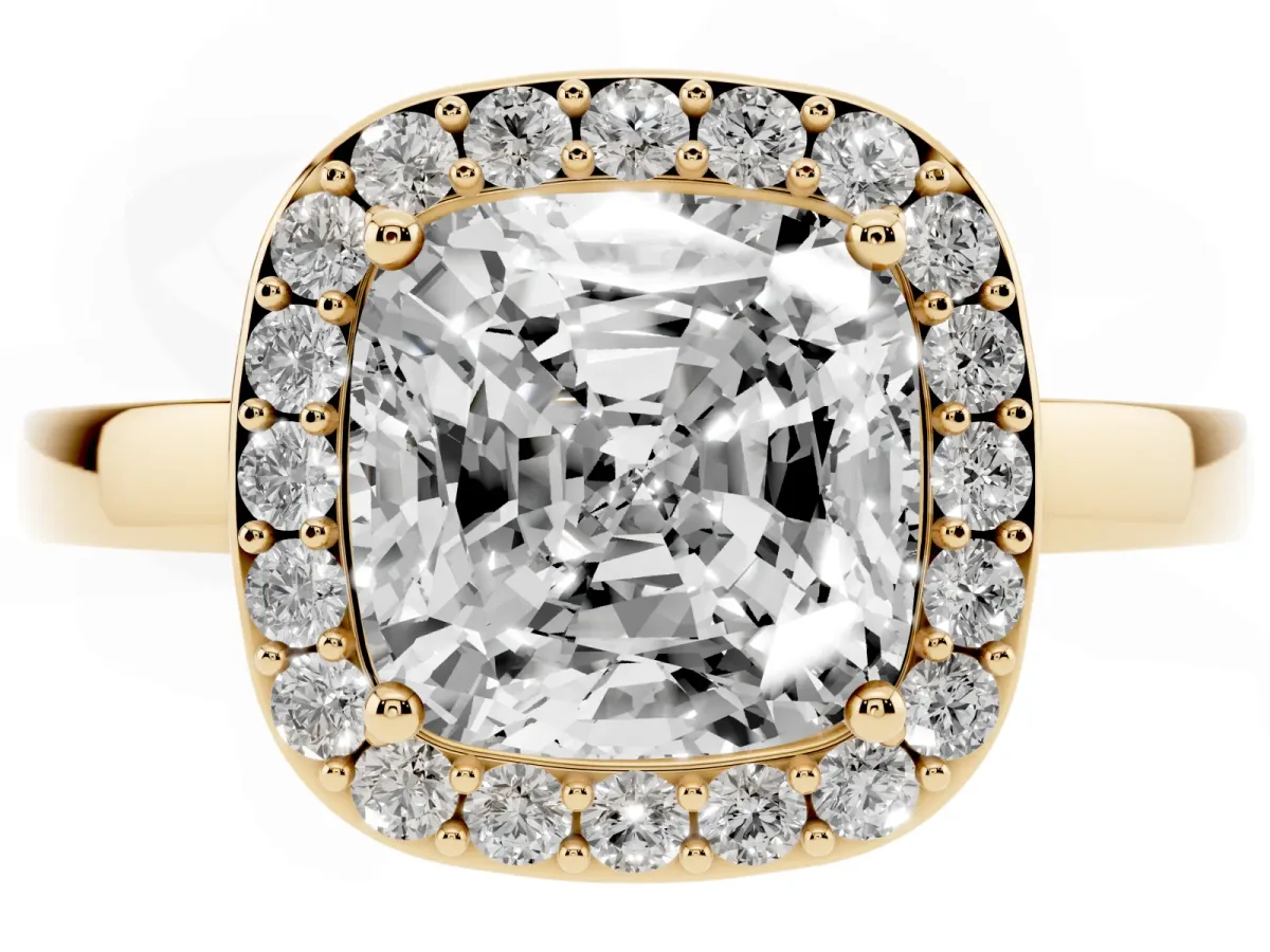 Cushion Cut Halo Diamond Ring with Solitaire Band and Prong Setting Yellow gold