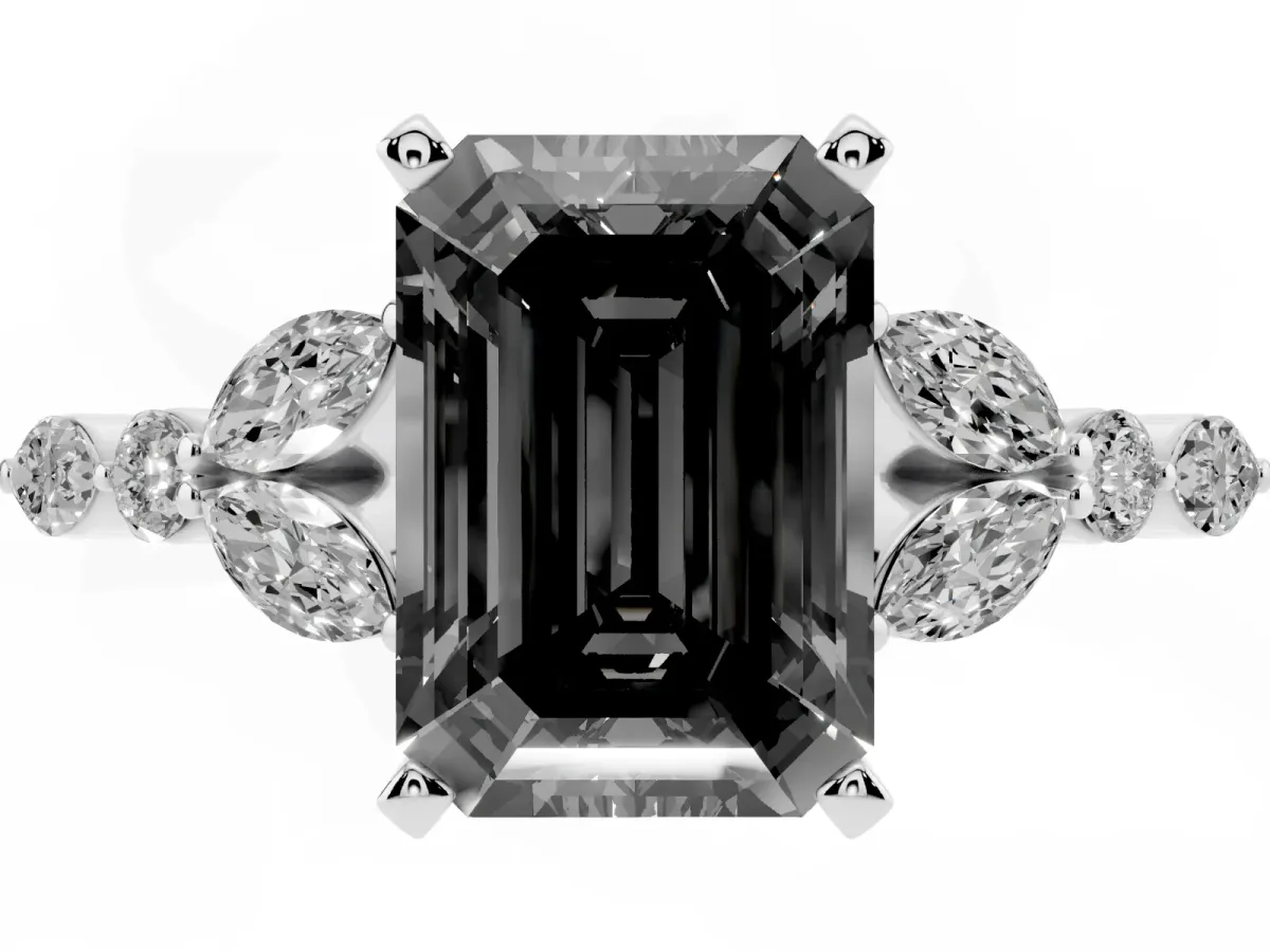 Fancy Black Emerald Cut Diamond Solitaire Ring with Side Stones and Four-Prong Setting Platinum