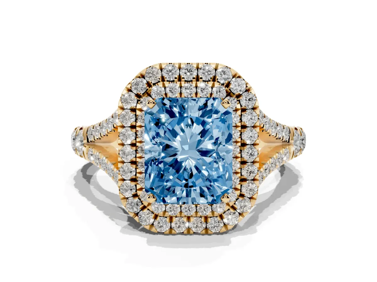 Fancy Blue Radiant Cut Diamond Pavé Split Shank Double Halo Engagement Ring Yellow gold