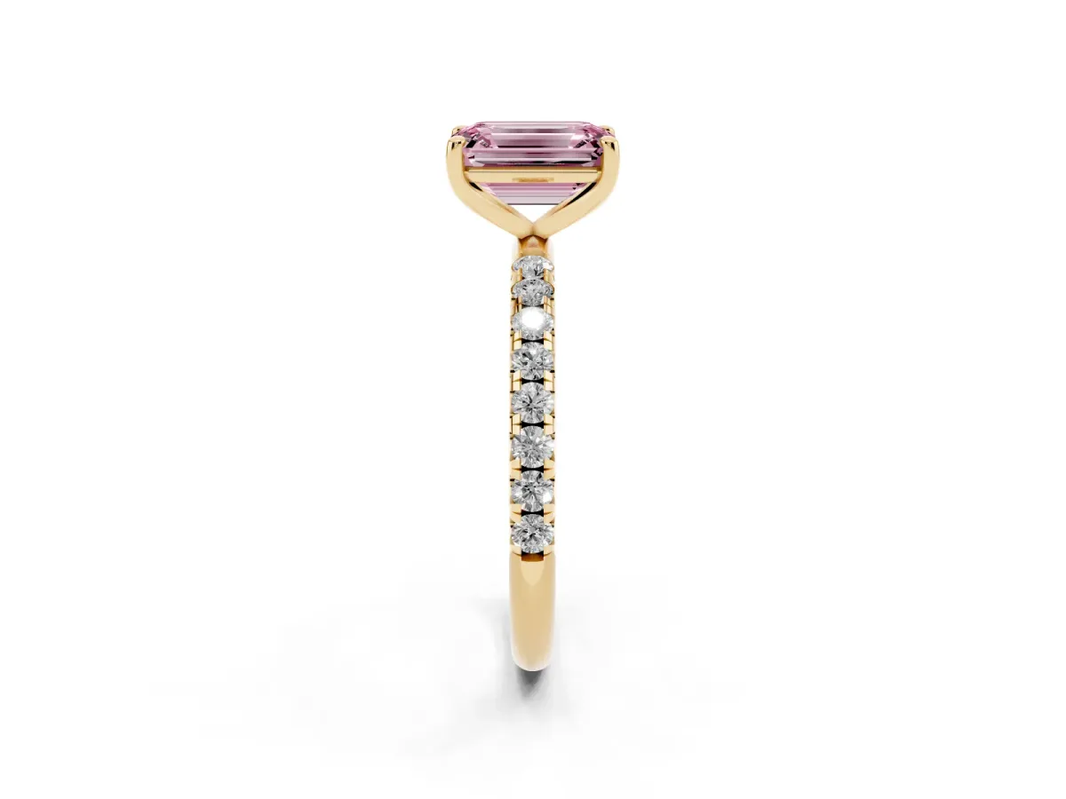 Fancy Pink Emerald Cut Cut Diamond Solitaire Ring with Micro Pave Band and Four Prong Setting Yellow gold