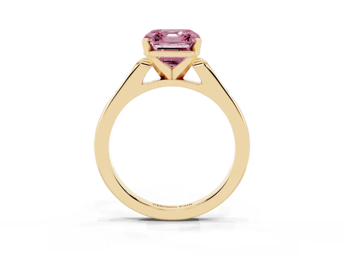 Fancy Pink Asscher Cut Diamond Solitaire Ring with Channel Set Round Band and Prong Setting Yellow gold