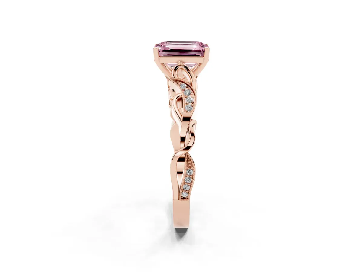 Fancy Pink Emerald Cut Solitaire Vine Band with Milgrain Prong Setting Rose gold