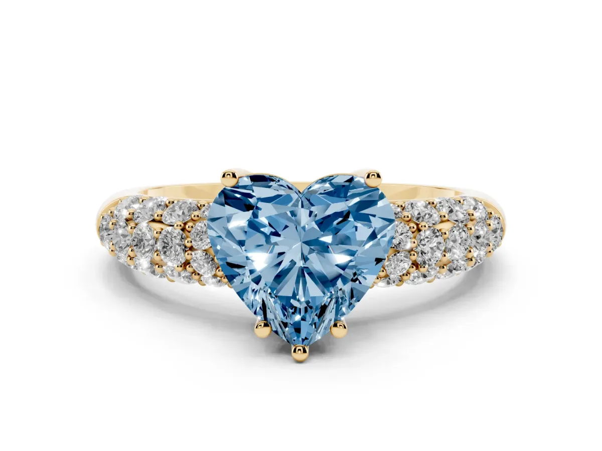 Fancy Blue Heart Cut Diamond Pavé Band Solitaire Ring with Four-Prong Setting Yellow gold