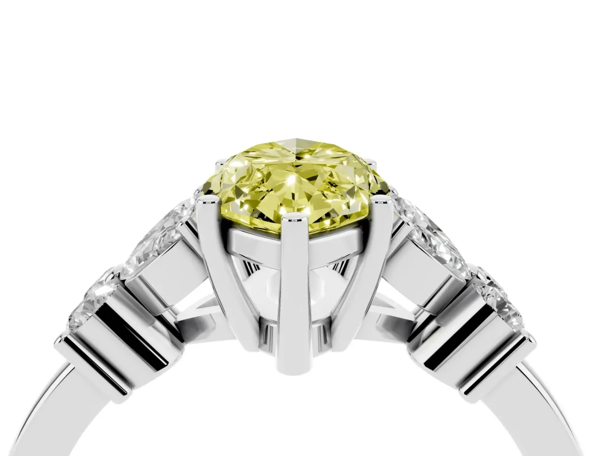 Fancy Yellow Marquise Cut Diamond Floral Cluster Ring with Solitaire Band and Prong Setting Silver