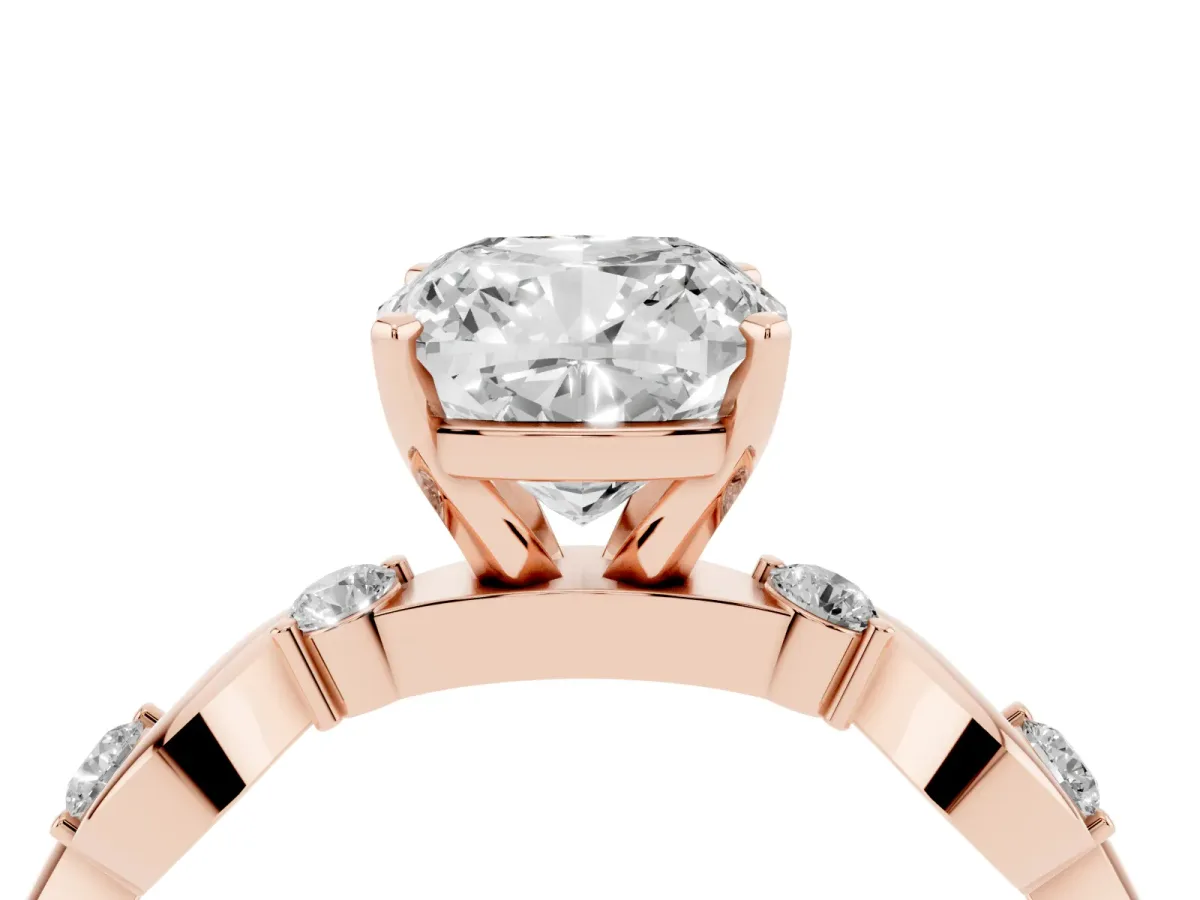 Cushion Cut Diamond Solitaire Twisted Band with Round Accents and Prong Setting Rose gold