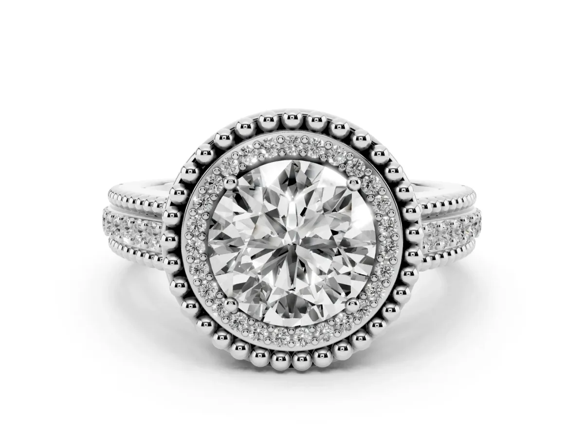 Round Cut Halo Diamond Ring with Beaded Split Shank and Four-Prong Setting Platinum