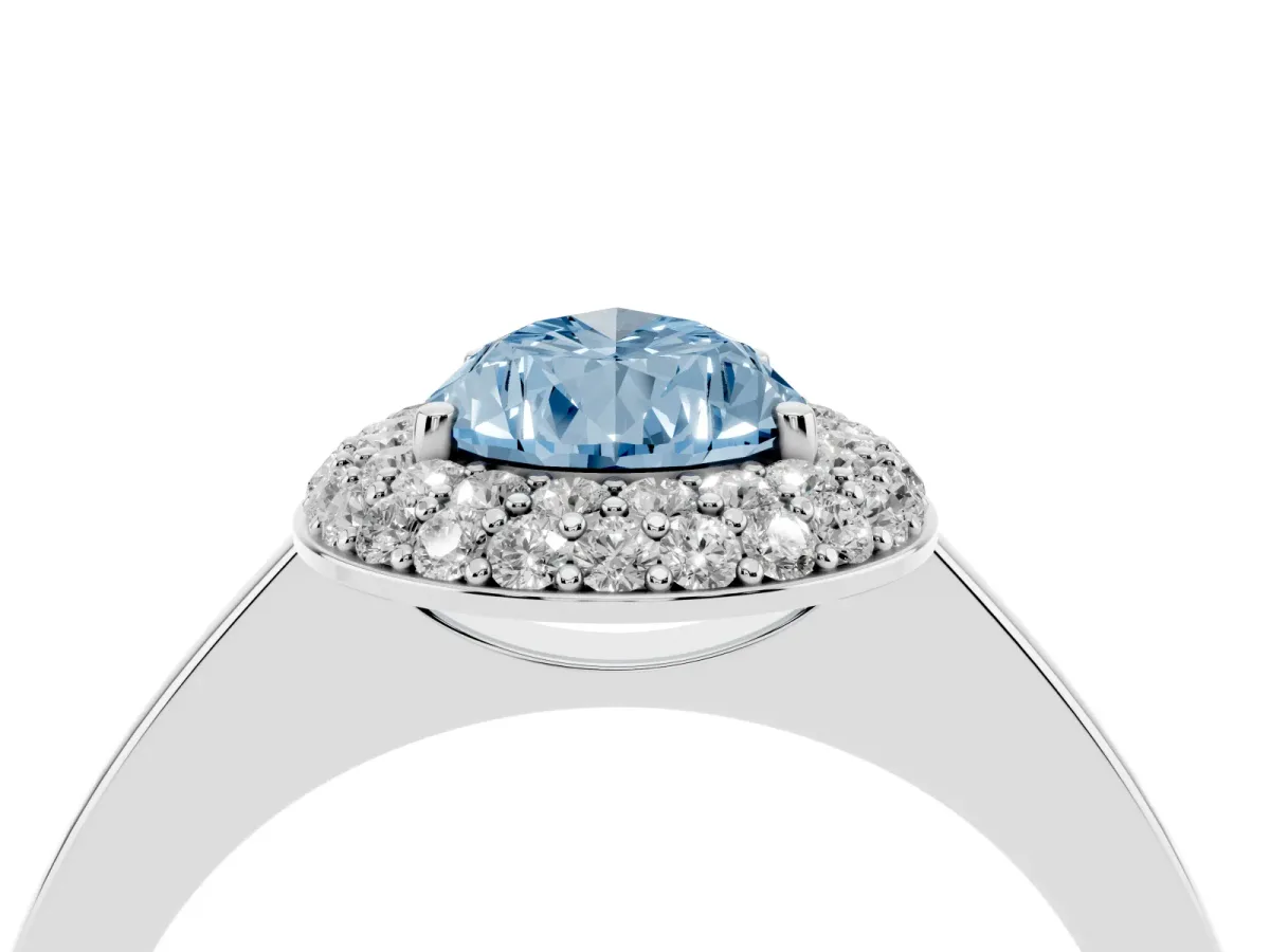 Fancy Blue Pear Cut Halo Diamond Engagement Ring with Solitaire Band and Four-Prong Setting Silver