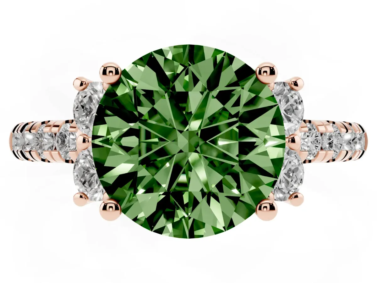Fancy Green Round Cut Diamond Three-Stone Pave Band with Four-Prong Setting Rose gold