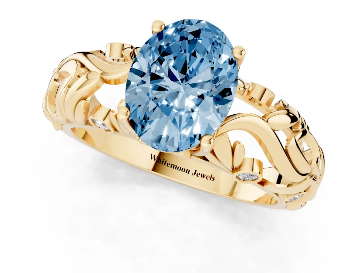 Fancy Blue Oval Cut Solitaire Diamond Leaf-Inspired Vine Band Ring with Prong Setting Yellow gold