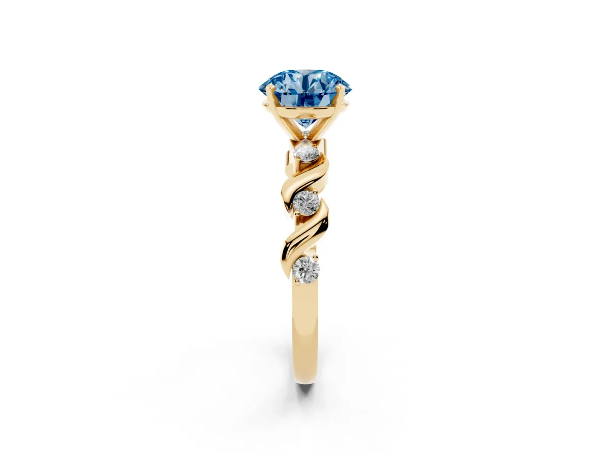 Fancy Blue Round Cut Diamond Solitaire Twisted Band with Round Accents and Prong Setting Yellow gold