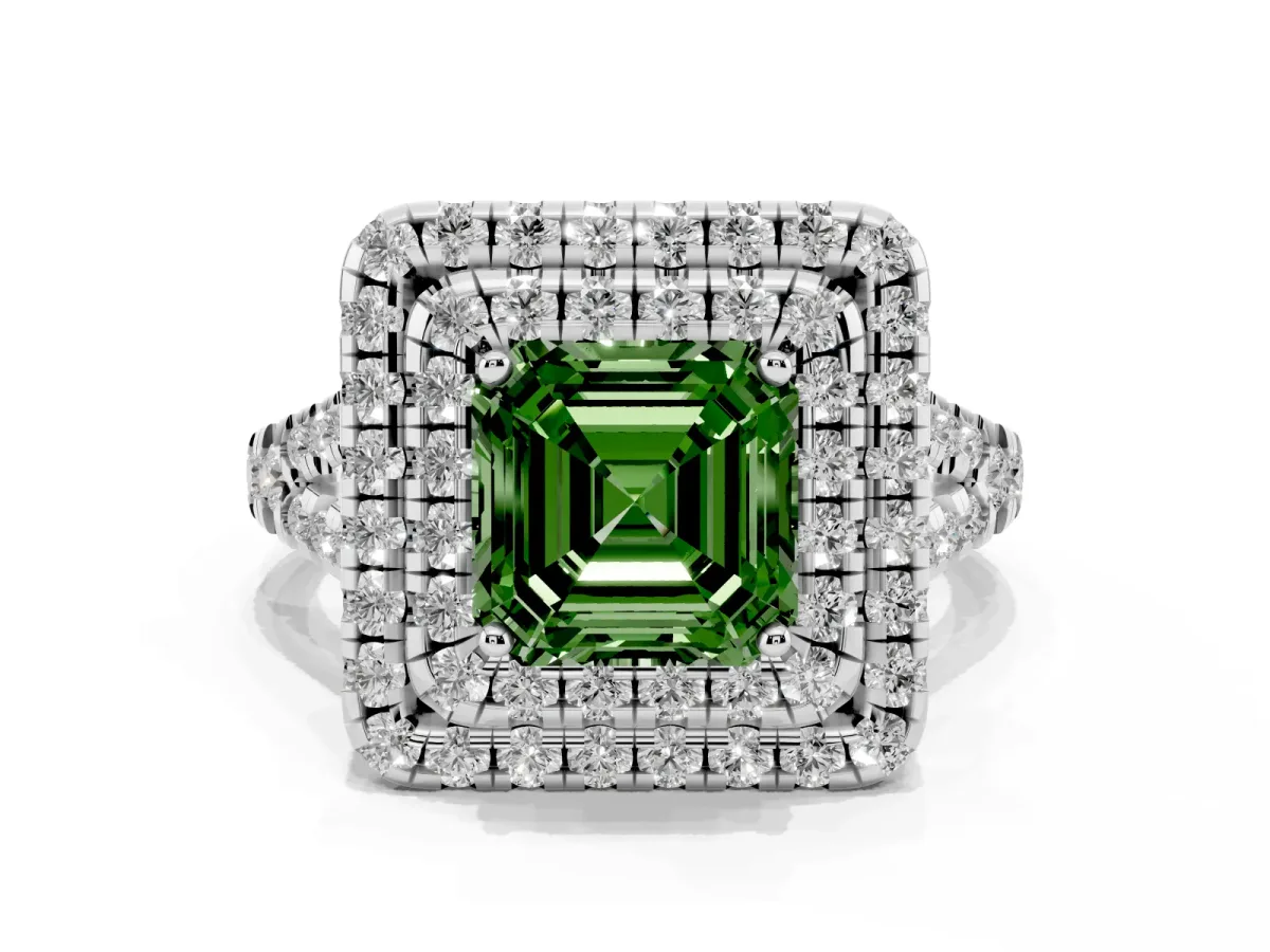 Fancy Green Double Halo Asscher Cut Diamond Pavé Split Shank Ring with Prong Setting Silver