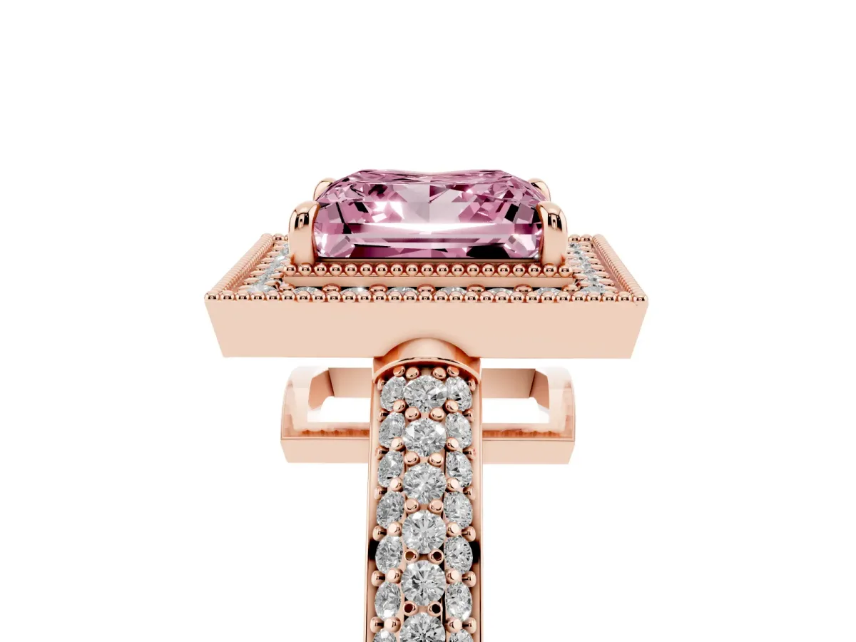 Fancy Pink Princess Cut Cut Halo Diamond Pave Band with Four-Prong Setting Rose gold