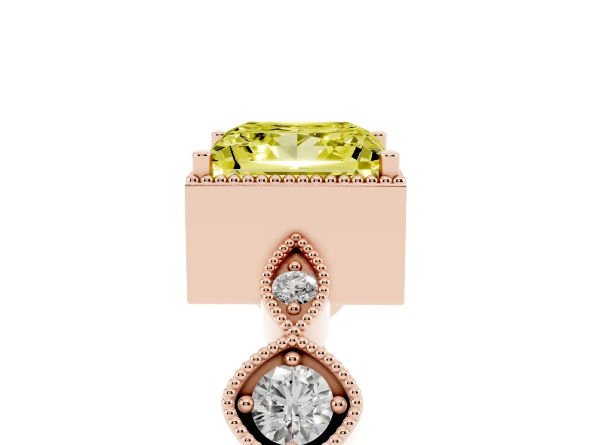 Fancy Yellow Princess Cut Diamond Vintage Milgrain Ring with Round Stations Rose gold