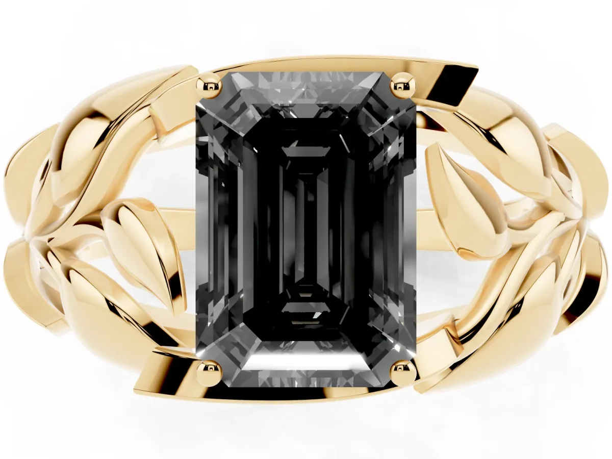 Fancy Black Emerald Cut Diamond Leaf-Inspired Engagement Ring with Round Accents and Prong Setting Yellow gold