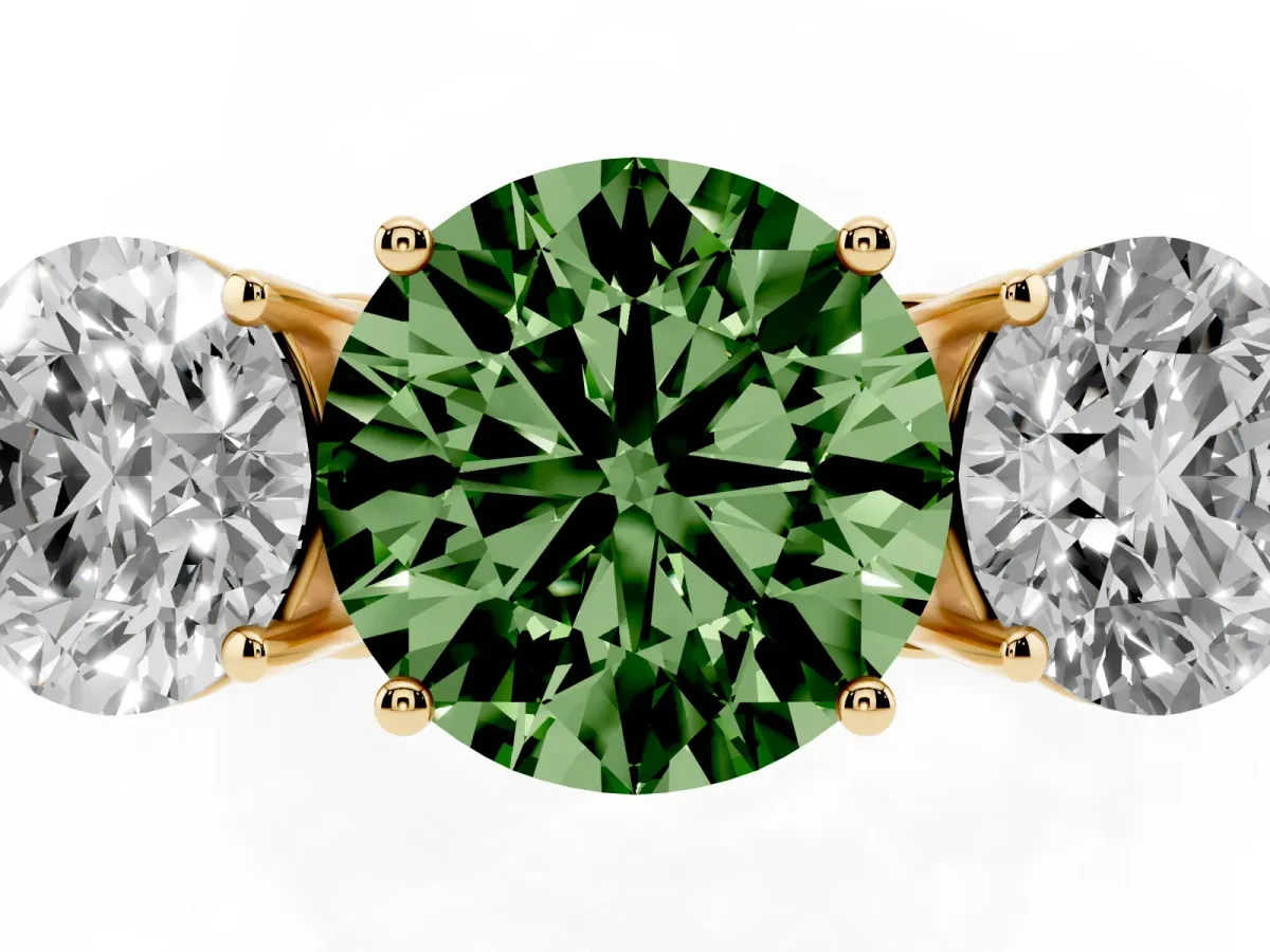 Fancy Green Round Cut Diamond Three-Stone Ring with Prong Setting and Textured Band Yellow gold
