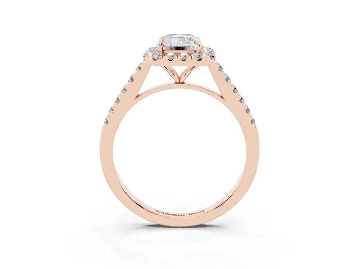 Emerald Cut Halo Pave Diamond Engagement Ring with Four-Prong Setting Rose gold