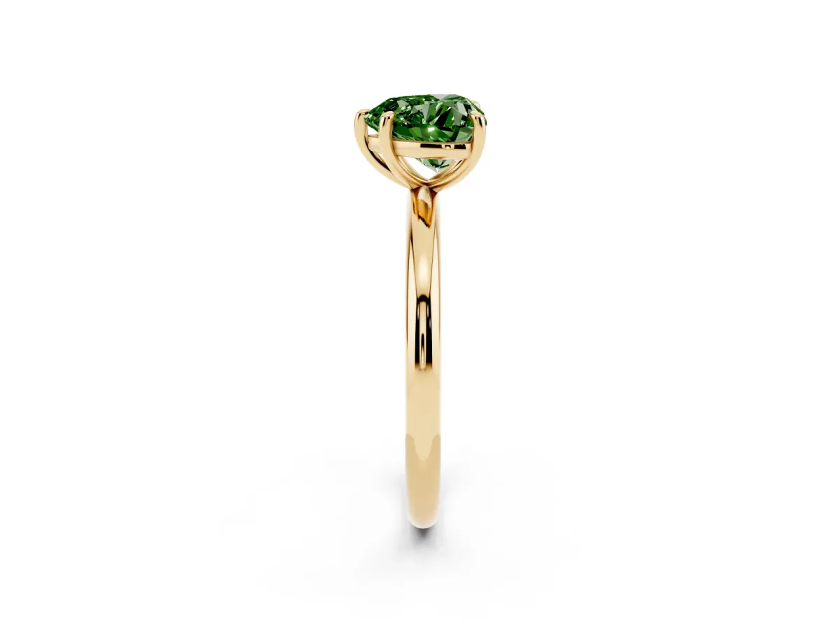 Fancy Green Heart Cut Solitaire Diamond Ring with Four-Prong Setting on a Plain Band Yellow gold
