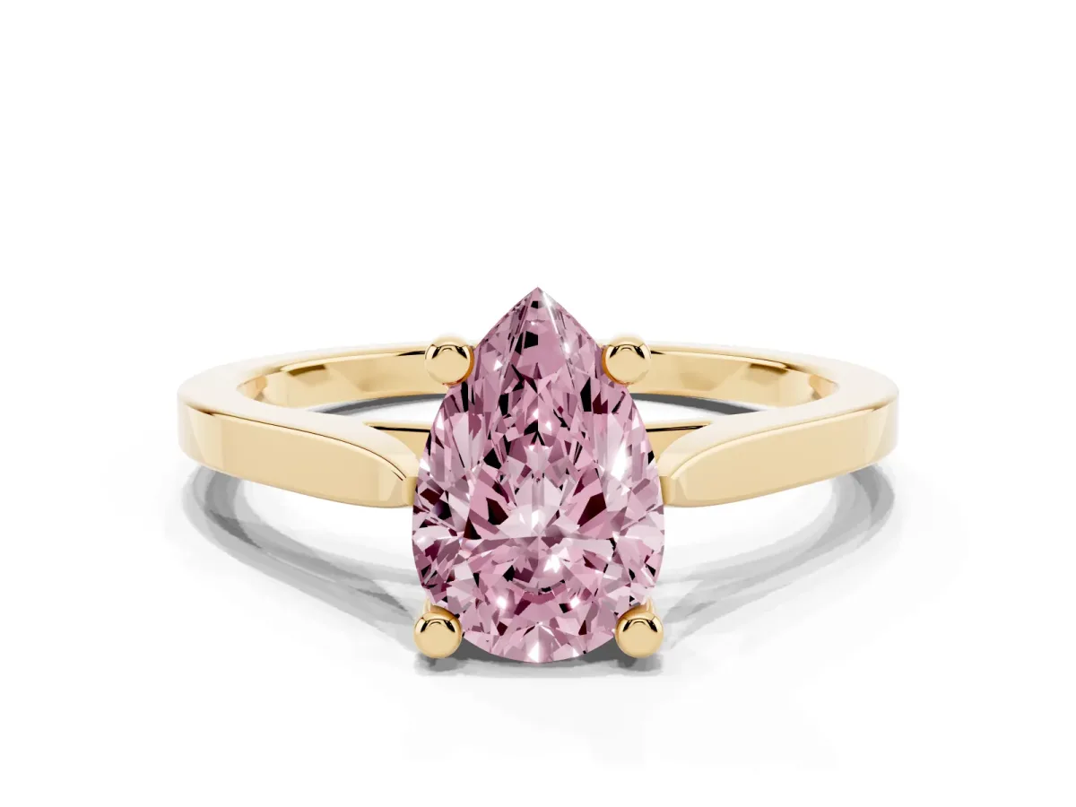 Fancy Pink Pear Cut Solitaire Diamond Ring with Four-Prong Setting and Tapered Band Yellow gold
