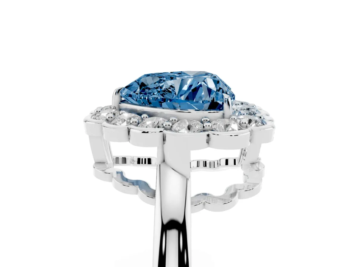 Fancy Blue Heart Cut Halo Cluster Diamond Engagement Ring with Solitaire Band and Prong Setting Platinum