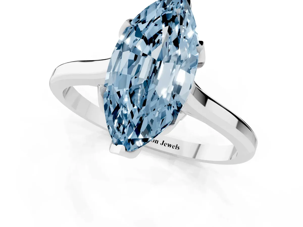 Fancy Blue Marquise Cut Diamond Solitaire Ring with Flower Prong Setting and Classic Band Silver