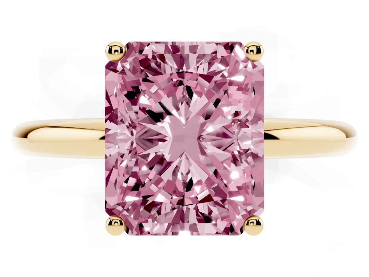 Fancy Pink Radiant Cut Cut Solitaire Engagement Ring with Four-Prong Setting and Classic Band Yellow gold