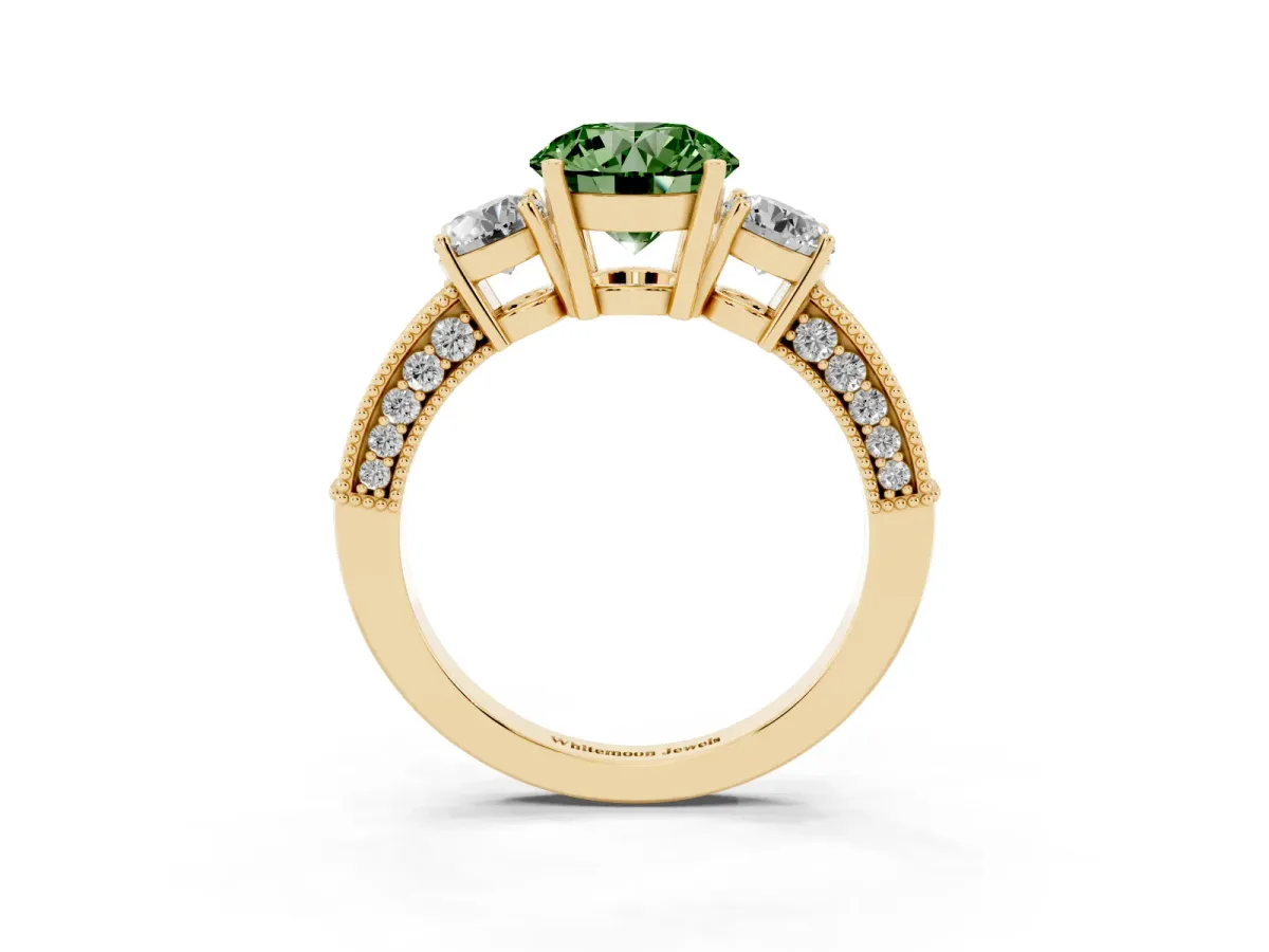 Fancy Green Round Cut Three-Stone Diamond Ring with Pavé Band and Four-Prong Setting Yellow gold