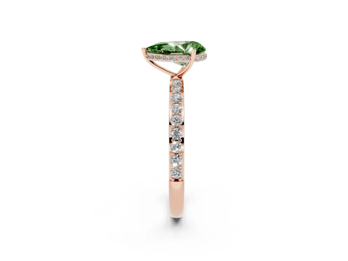 Fancy Green Pear Cut Diamond Solitaire Ring with Pavé Band and Hidden Halo Rose gold