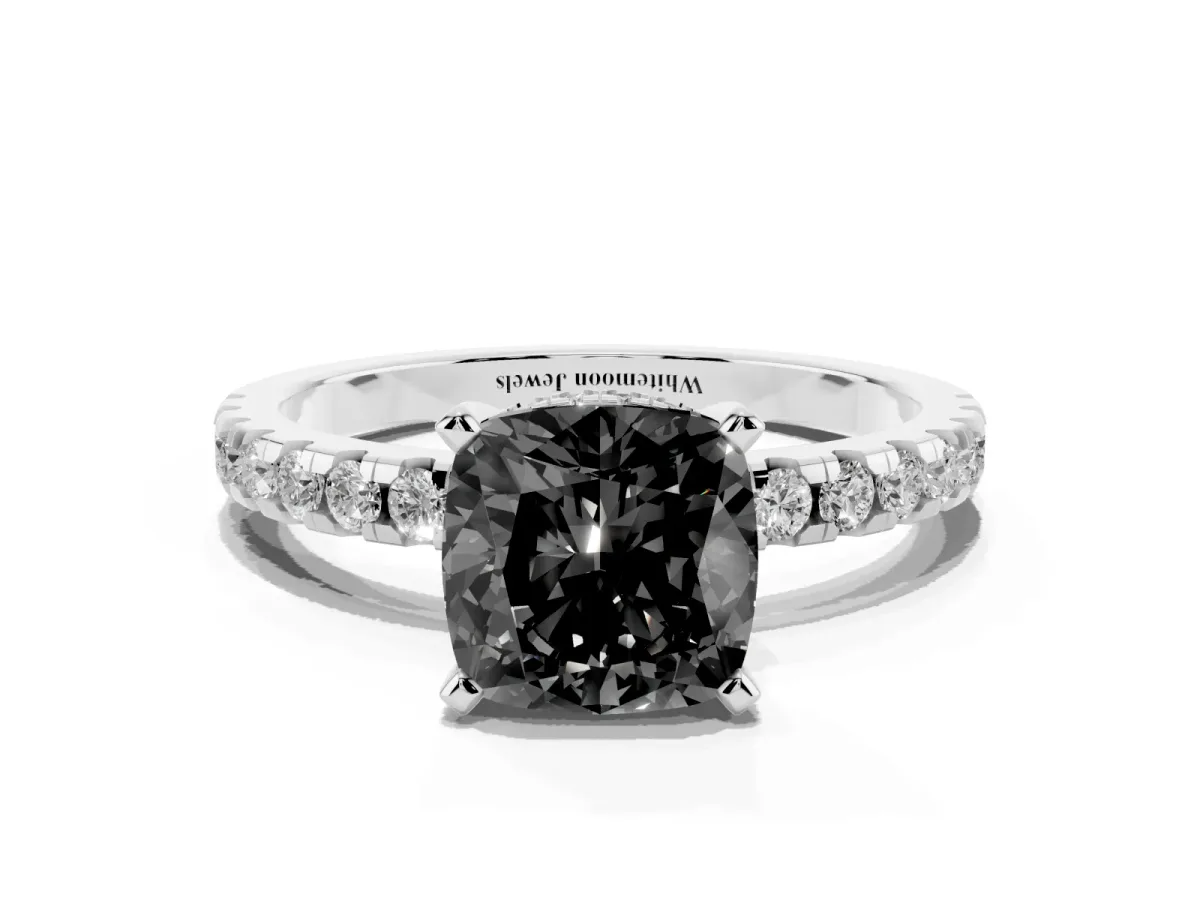 Fancy Black Cushion Cut Diamond Solitaire Ring with Round Pavé Band and Four-Prong Setting Silver