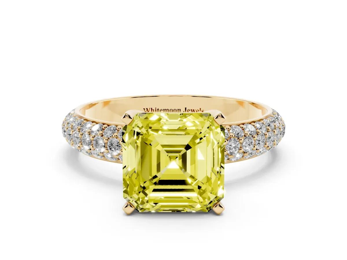 Fancy Yellow Asscher Cut Diamond Solitaire Ring with Prong Setting and Pavé Band Yellow gold