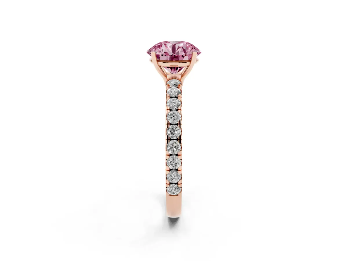 Fancy Pink Round Cut Diamond Pavé Solitaire Engagement Ring with Four-Prong Setting Rose gold