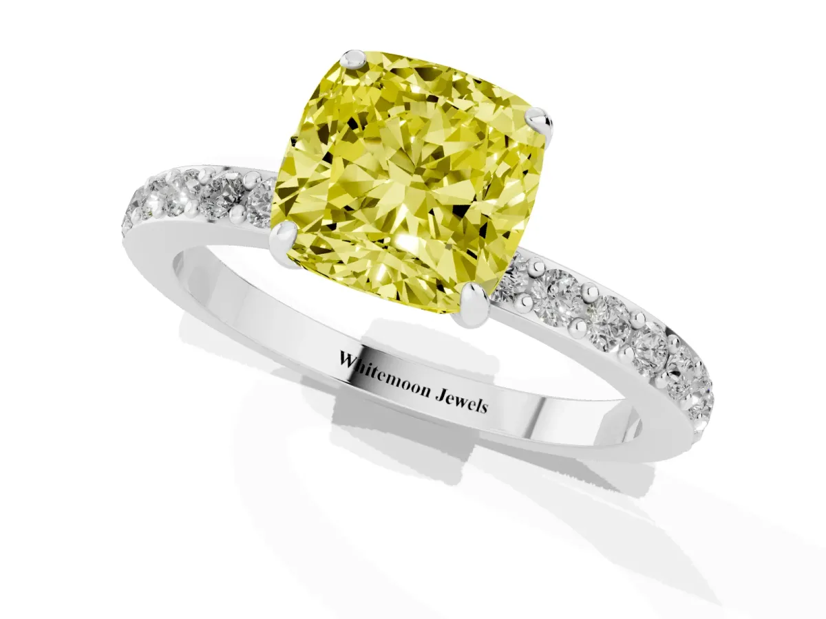 Fancy Yellow Cushion Cut Diamond Pavé Engagement Ring with Round Accents and Prong Setting Silver