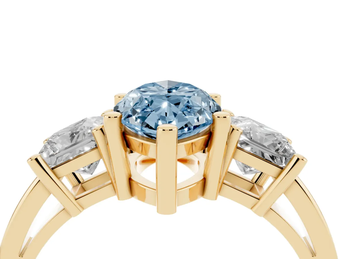 Fancy Blue Three-Stone Marquise Cut Cut Solitaire Ring with Prong Setting Yellow gold