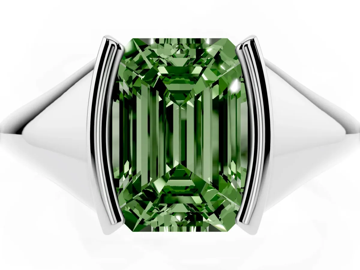 Fancy Green Emerald Cut Solitaire Tension Set Diamond Ring White gold