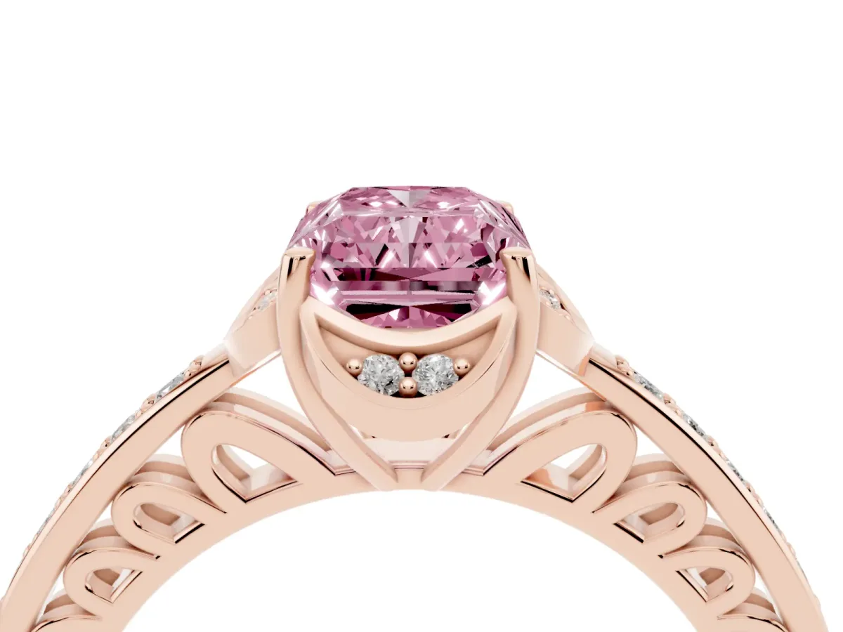 Fancy Pink Radiant Cut Cut Halo Diamond Ring with Channel Set Band and Four-Prong Setting Rose gold